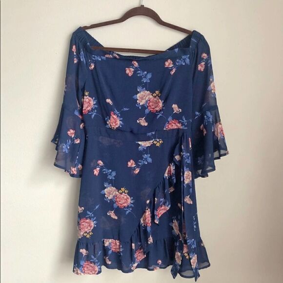2/$20 Xhilaration Target Blue Floral Print Ruffle Off Shoulder Dress - Picture 2 of 5